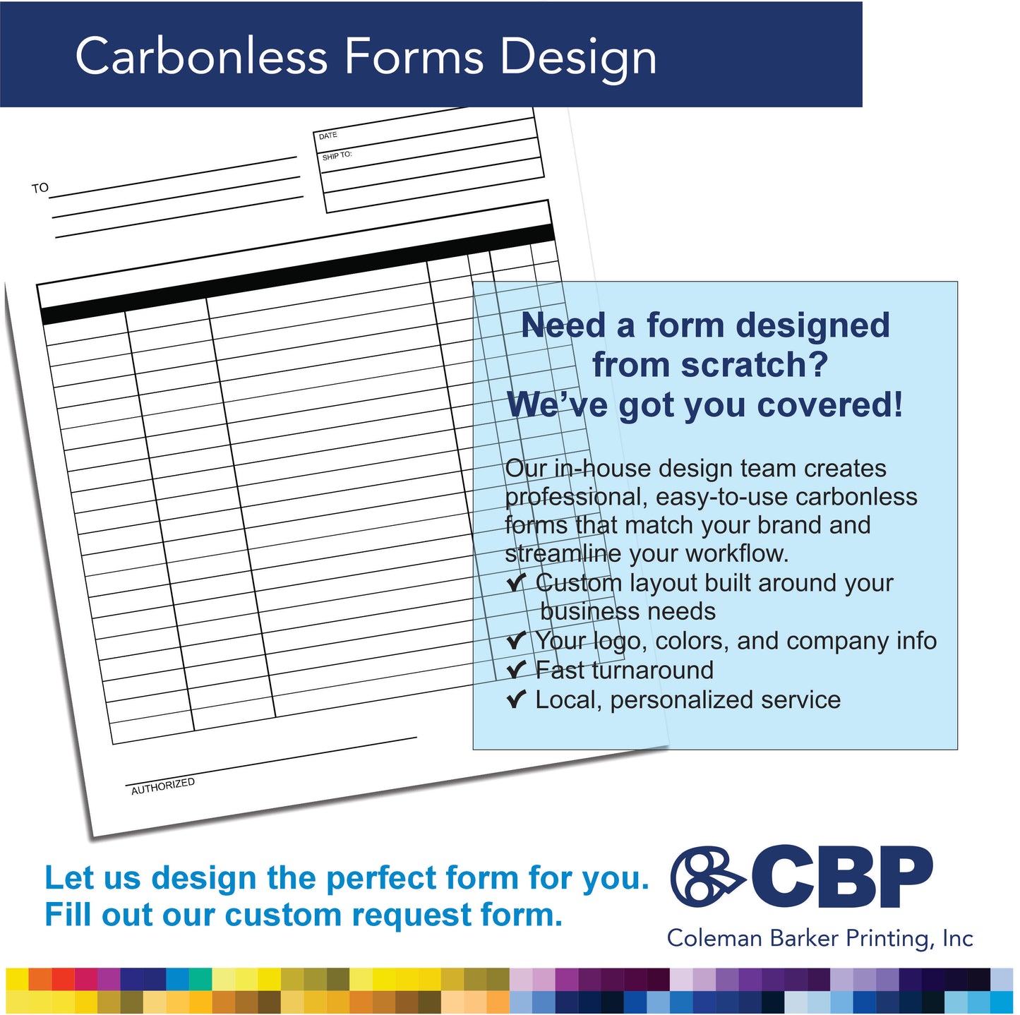 Carbonless forms design service advertisement with Coleman Barker Printing, Inc. branding.