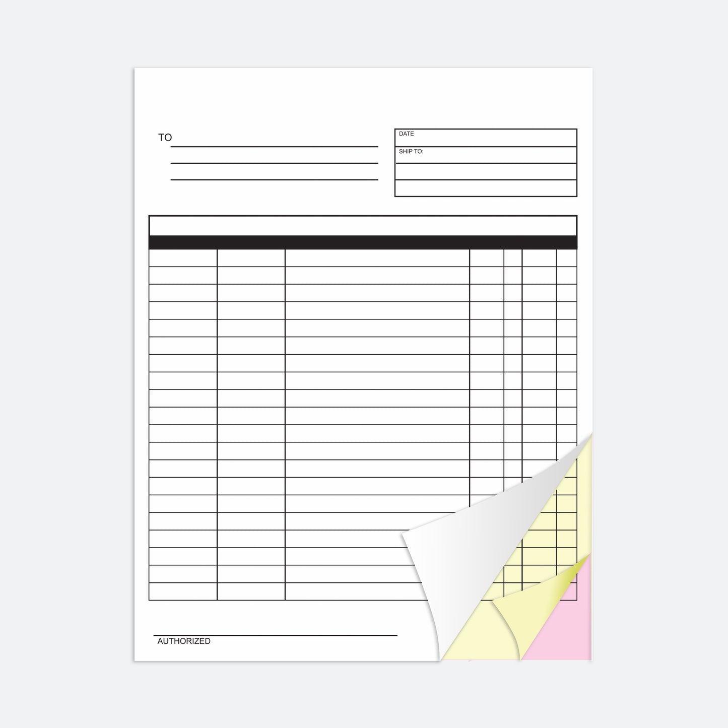 Blank three part form with fields for 'To', 'Date', and a grid for amounts on a white background.