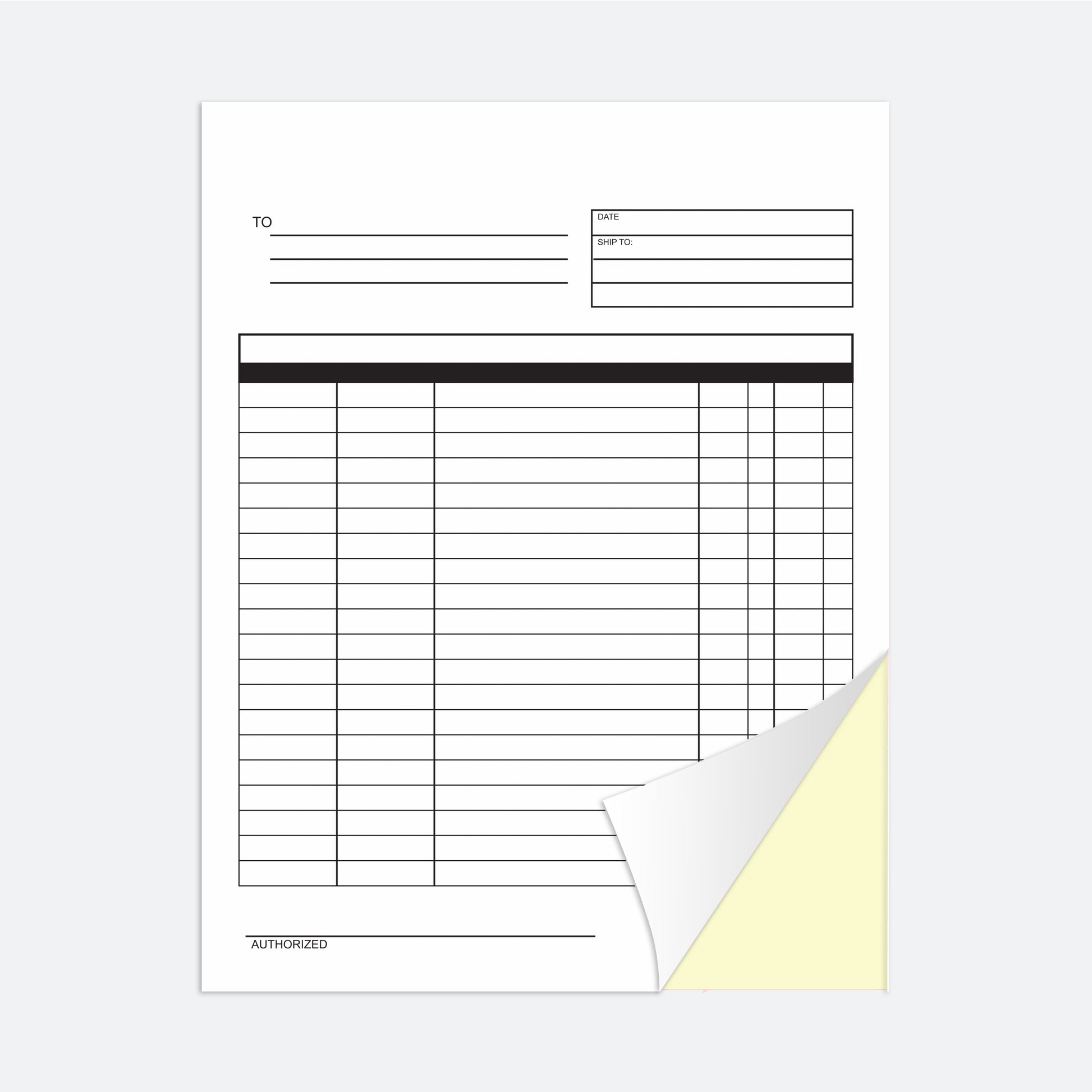 Blank two part form with fields for 'To', 'Date', and a grid for amounts on a white background.